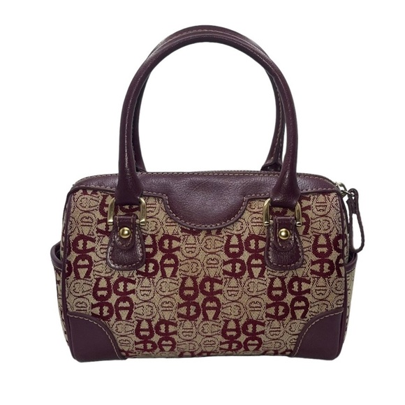 Etienne Aigner Vintage Handbag Burgundy Dark‎ Red Leather Tan Canvas Logo Purse - Picture 4 of 11